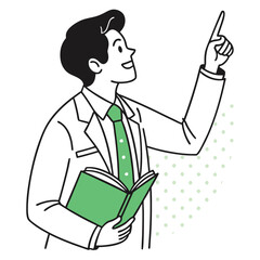 Line Art of Man Holding Book, Pointing Upward, Black Hair, Green Tie and Polka Dot Background