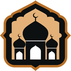 Elegant Mosque Emblem Vector – Islamic Badge Design with Crescent Moon, Domes, and Minarets for Eid and Ramadan