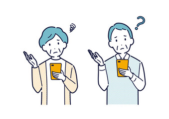 スマホを片手に悩んでいる高齢者のイラスト