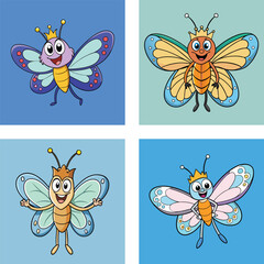 Cartoon Butterfly Characters With Crowns On Colorful Backgrounds Illustration