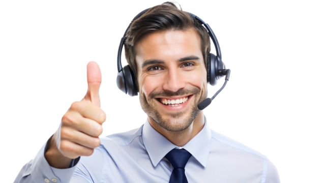 A smiling businessman with a headset, a customer service representative, stands holding a tablet, embodying professional corporate work.