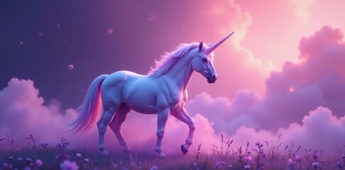 Naklejka premium A unicorn's horn shines with an ethereal glow in a soft lavender mist , mystical, magical, dreamy