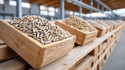 Renewable fuel pellets made from compressed organic material displayed in rows, sharp focus and detailed surface texture