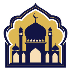 Elegant Mosque Emblem Vector – Islamic Badge Design with Crescent Moon, Domes, and Minarets for Eid and Ramadan