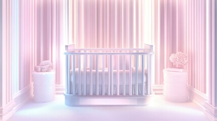 A cozy room featuring a crib against a soft pink wall.