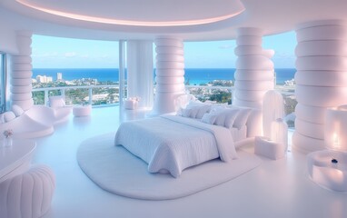 Fototapeta premium Cozy bedroom featuring a large bed and stunning ocean view through the window.