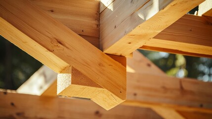 Carpenter shaping wooden beams for a house structure. Featuring craftsmanship and precision