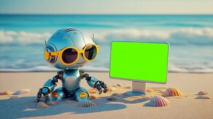 Cute robot enjoys a sunny day at the beach with a green screen monitor nearby