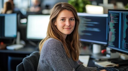 Young female programmer working confidently at a modern office desk with multiple computer screens displaying code and software development tools