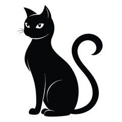Obraz premium Minimalistic Black Cat Silhouette with Curled Tail Sitting Against White Background
