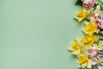 Daffodils and pink flowers creating a vibrant spring border on pastel green background