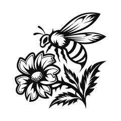 Monochromatic Design Honeybee Hovering Over Flower with Thorns, Stems, and Leaves