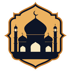 Elegant Mosque Emblem Vector – Islamic Badge Design with Crescent Moon, Domes, and Minarets for Eid and Ramadan