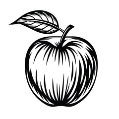 Monochrome Apple with Leaf Outline, Artistic Fruit Illustration, Organic, Black & White Icon