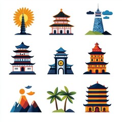 Colorful Asian Architecture Flat Design Art