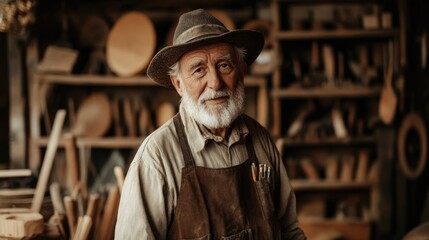 Elderly craftsman in workshop with tools surrounded by wood materials, showcasing traditional craftsmanship and artisan skills in a rustic environment