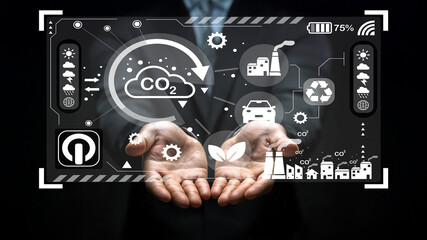 Digital Carbon Footprint Concept with Businessman and Environmental Icons Representing Sustainability and Green Technology Solutions in Modern Industry