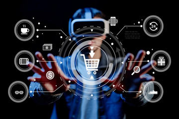 Obraz premium Virtual Reality Shopping Experience with Digital Cart Interaction and User Engagement in Futuristic Retail Environment