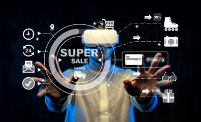 Focused man wearing virtual reality headset interacting with digital shopping icons and promotions, showcasing modern technology in retail experience