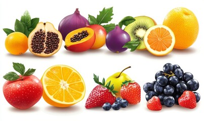 Colorful digital illustrations of produce, including fruits and vegetables, on a plain white background