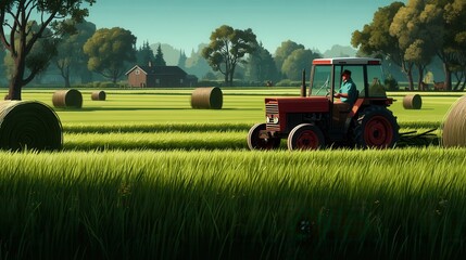 Fototapeta premium Peaceful farmer driving tractor through harvested field in countryside