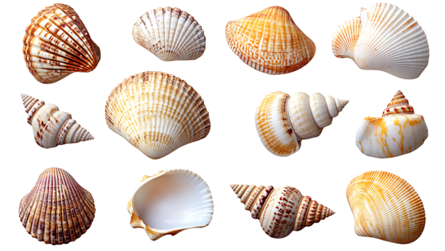 Various sea shells isolated on Transparent background.