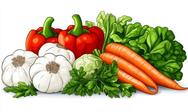fresh vegetables: red peppers, garlic, carrots clip art preview