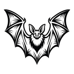 Monochrome Bat Silhouette with Spread Wings, Detailed Fur, Pointed Ears Isolated on White