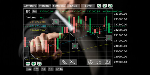Business Professional Interacting with Digital Financial Data Visualization on Touchscreen Interface in Modern Office Setting