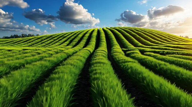 Futuristic landscape with lush green grass fields, advanced eco-friendly environment, clean energy sources integrated into nature