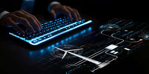 Professional hands typing on a futuristic keyboard with holographic wind turbine and digital interface, representing sustainable energy technology