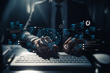 Business professional engaged in data analysis with digital brain and futuristic interface,...