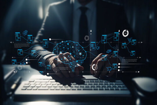 Business professional engaged in data analysis with digital brain and futuristic interface, showcasing modern technology in decision making