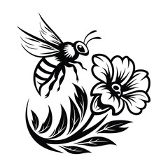 Monochrome Honeybee Flight, Floral Blossom, Leafy Stem, Decorative Design, Isolated Art