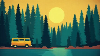 Retro Van by Tranquil Lake at Sunset, Minimalist Forest Landscape