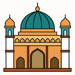 Elegant Mosque Emblem Vector – Islamic Badge Design with Crescent Moon, Domes, and Minarets for Eid and Ramadan