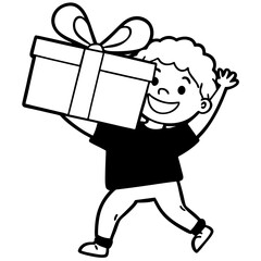 A silhouette of a child holding a large gift box, smiling with excitement 