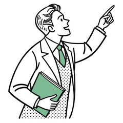 Outlined Man Holds Folder & Points Upward | Black and White, Green Accents, Stylish