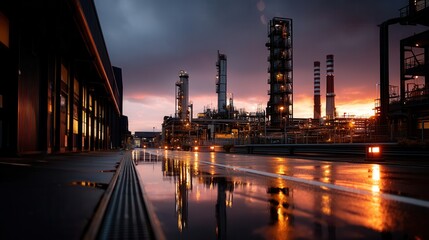 Naklejka premium Dramatic industrial refinery illuminated at sunset