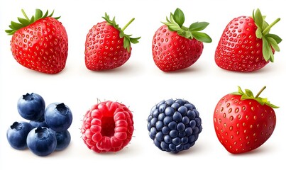 A white background serves as the setting for a colorful arrangement of vibrant red strawberries, blueberries, and raspberries, complete with green leaves