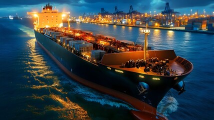 Cargo Ship at Night, Container Port -  Global Trade and Logistics