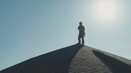 Obraz premium Roofer applying shingles to a roof during construction. Featuring skill and safety
