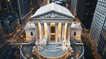 Aerial view of a building featuring a central fountain in its courtyard.