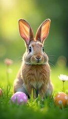 A rabbit in a meadow with bunny ears and eggs, easter eggs, flowers
