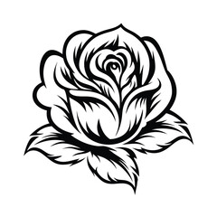 Rose Outline, Black and White Floral, Botanical Illustration, Single Flower Blossom