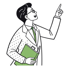 Scientist Pointing Upward In Lab Coat Holding Green Book Isolated On White Background