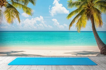 A serene beach scene with palm trees, turquoise water, and a blue yoga mat on a wooden deck area