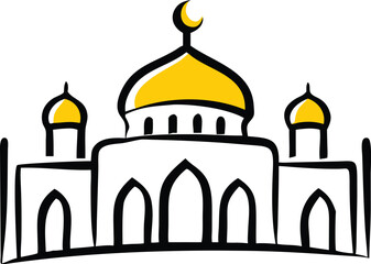 Colorful Mosque Vector Illustration – Islamic Crescent Moon and Star with Mosque Outline for Eid and