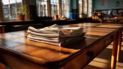 Peaceful folded linen napkins on wooden table in sunlit restaurant