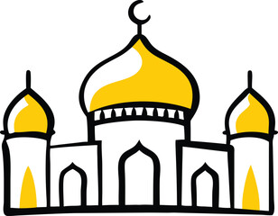 Colorful Mosque Vector Illustration – Islamic Crescent Moon and Star with Mosque Outline for Eid and